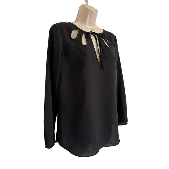 Zara Basic Black Medium Cut Out Blouse with Tie Neck Long Sleeve NWOT - Picture 2 of 10